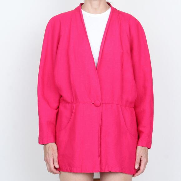 Vintage Magenta Pink Linen Long Jacket Oversize Blazer Size L - Picture 3 of 7